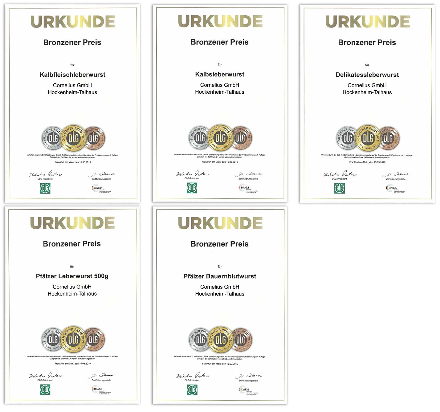 Urkunden DLG-Auszeichnung Bronze 2019