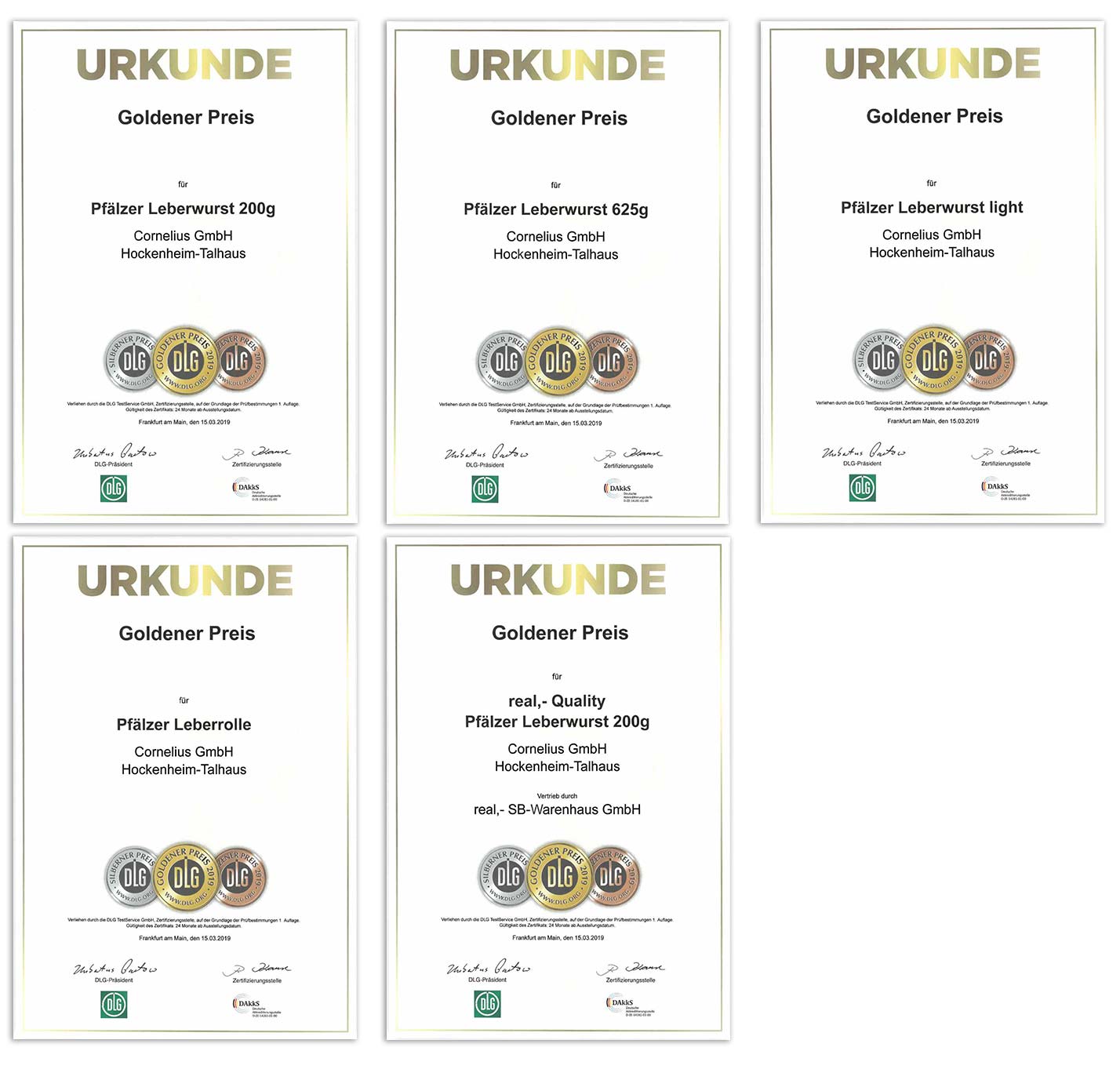 Urkunden DLG-Auszeichnung Gold 2019